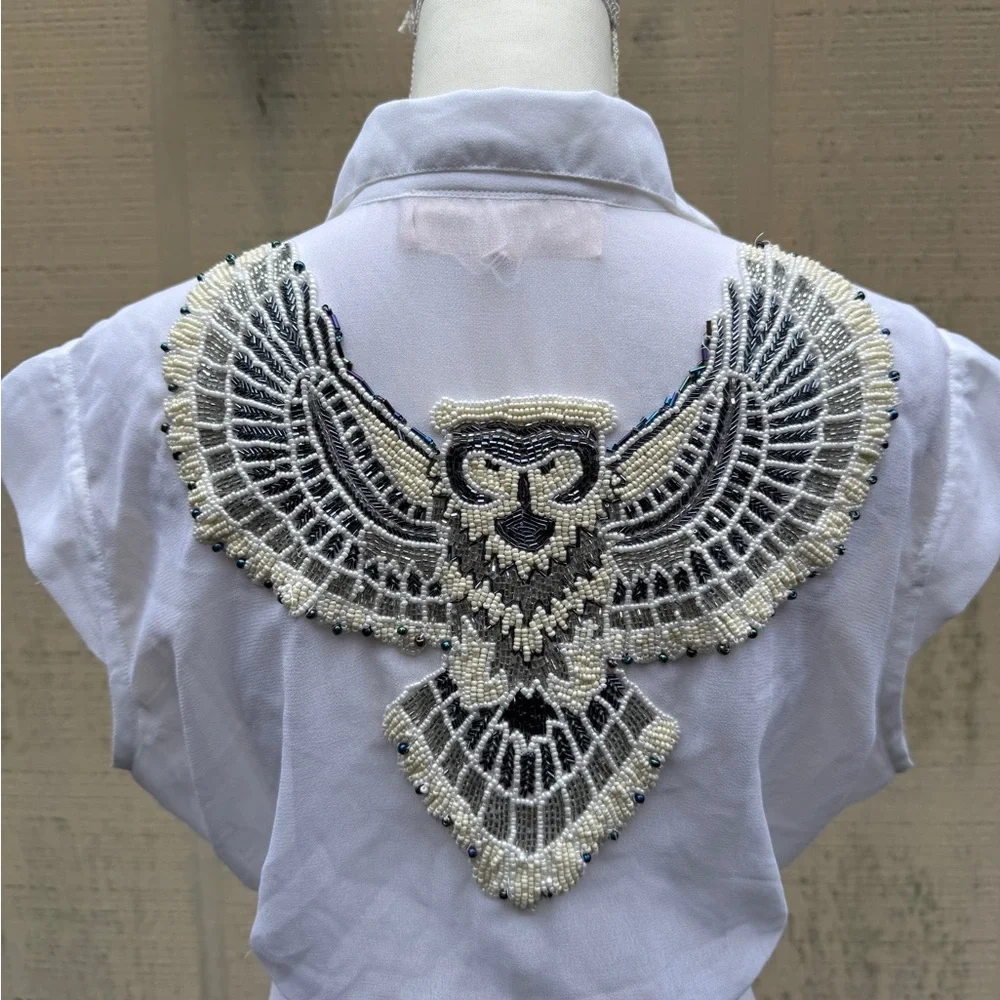 White Beaded Owl Design Short Sleeve Sheer Maxi Dress/Jacket - Picture 1 of 10